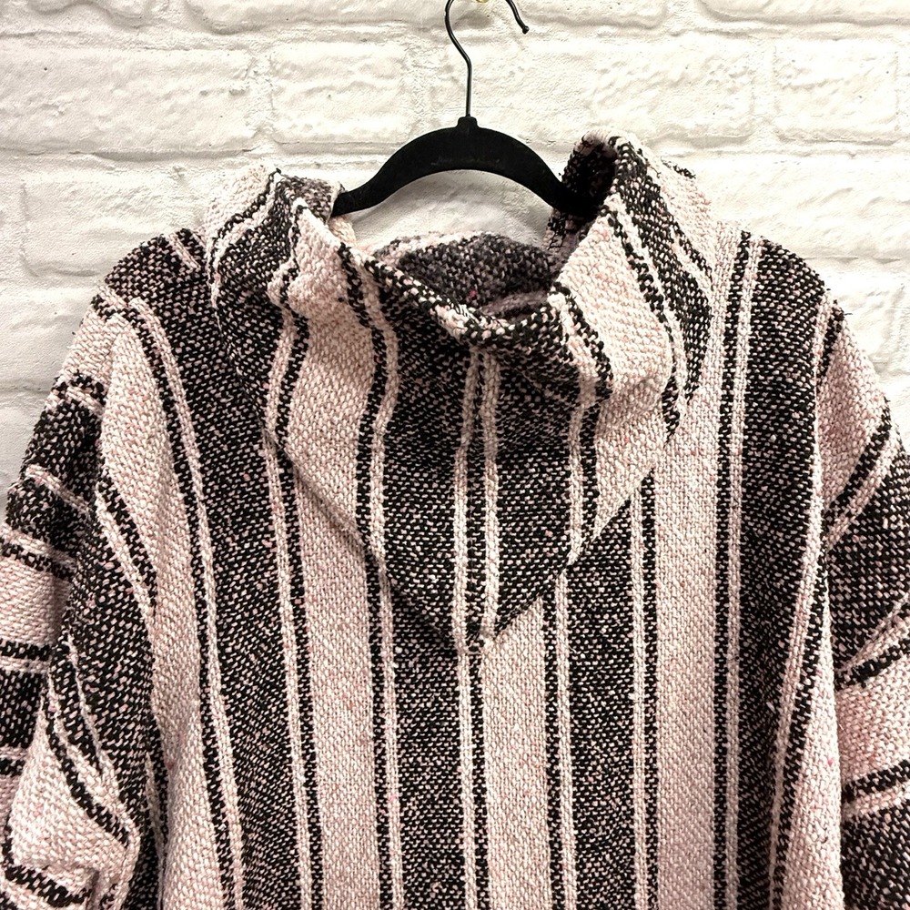 Mexican Poncho Baja Hoodie Surfer Skater Drug Rug Pullover Pink Black Stripes 2X - Picture 6 of 13
